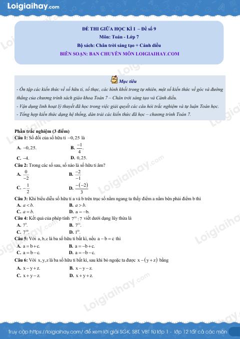 Đề thi giữa kì 1 Toán 7 - Đề số 9